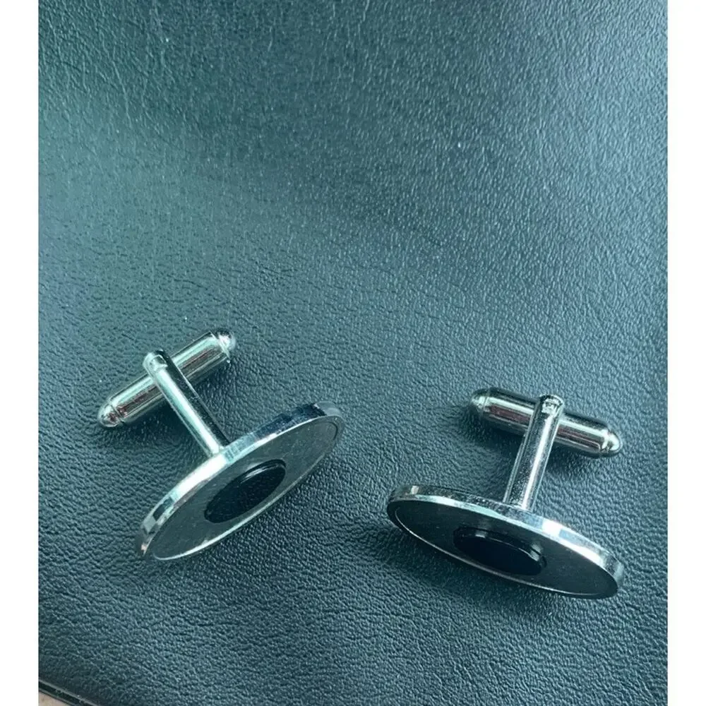 Vintage Pair of Silver Tone Dante Mid-century Cufflinks with Black stone Signed